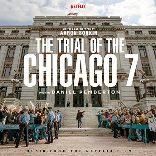 “The Trial of the Chicago 7” vinyl record cover with courthouse and crowds.