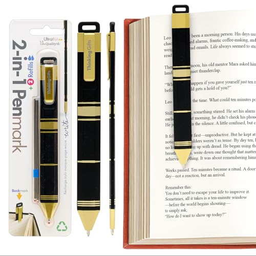 Black and gold pen-shaped bookmark with two refills, next to an open book.