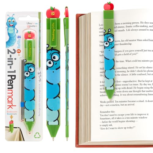 Blue caterpillar pen with bookmark, alongside an open book and refills.