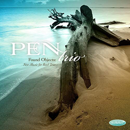 CD cover with driftwood on a beach, text reads "Pen Trio: Found Objects".