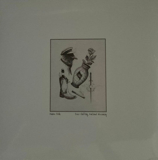 Black and white sketch of objects including a boot, bottle, and sword.