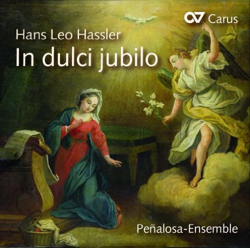 "CD cover featuring a Renaissance painting of the Annunciation scene with text overlays."