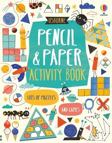 Colorful activity book cover with drawings of puzzles, shapes, and animals.
