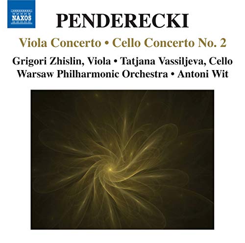 CD cover for Penderecki’s Viola & Cello Concertos, abstract gold design.