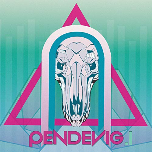 Geometric animal skull illustration inside an arch and triangle on a teal background.