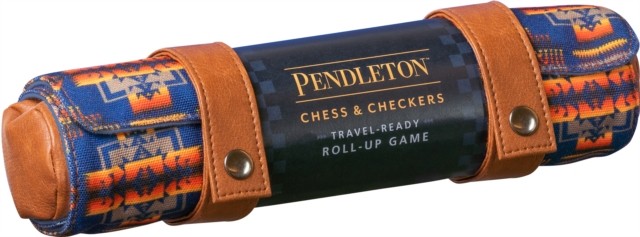 Roll-up Pendleton chess and checkers game with patterned fabric and leather straps.