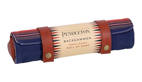 A rolled-up Pendleton backgammon game secured with brown leather straps against a white background.