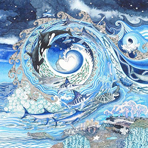 Whimsical watercolor illustration of sea creatures swimming in a swirling blue ocean vortex.