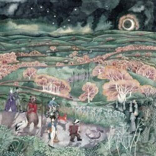 Painted landscape with figures, a bright moon, and starry night sky.