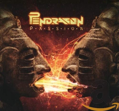 CD cover for Pendragon’s “Passion” featuring two stone faces with flames.