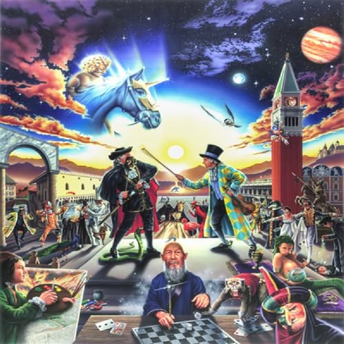 Surreal fantasy scene with masked figures, a chess player, and a clock tower at sunset.