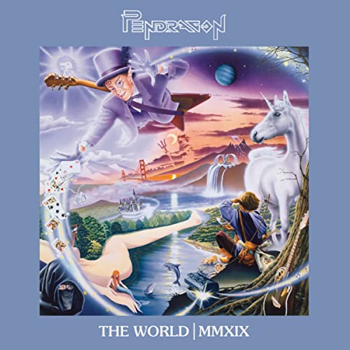 CD cover art featuring a fantastical landscape with a unicorn and musician.