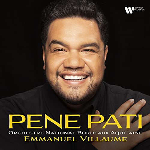 Close-up portrait of Pene Pati smiling against a black background with yellow text overlay.