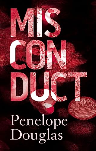 Book cover for “Misconduct” with red text over a dark, lace background.