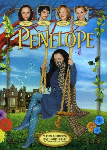 DVD cover for "Penelope" featuring a woman on a swing and cast portraits.