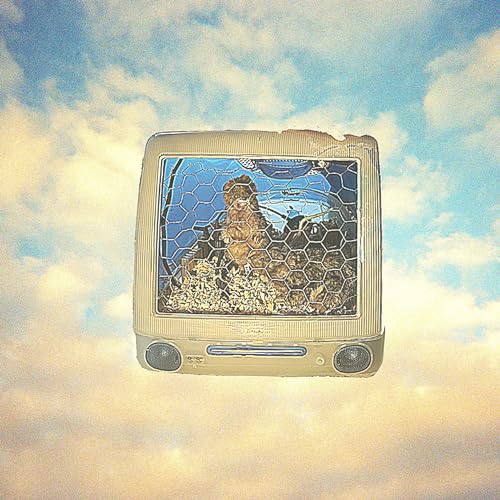 Vintage television displaying a rat amidst debris, floating in clouds.
