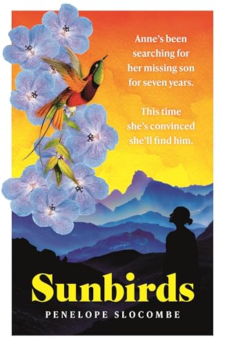 Book cover: sunbirds, flowers, mountains, and a silhouette of a woman.