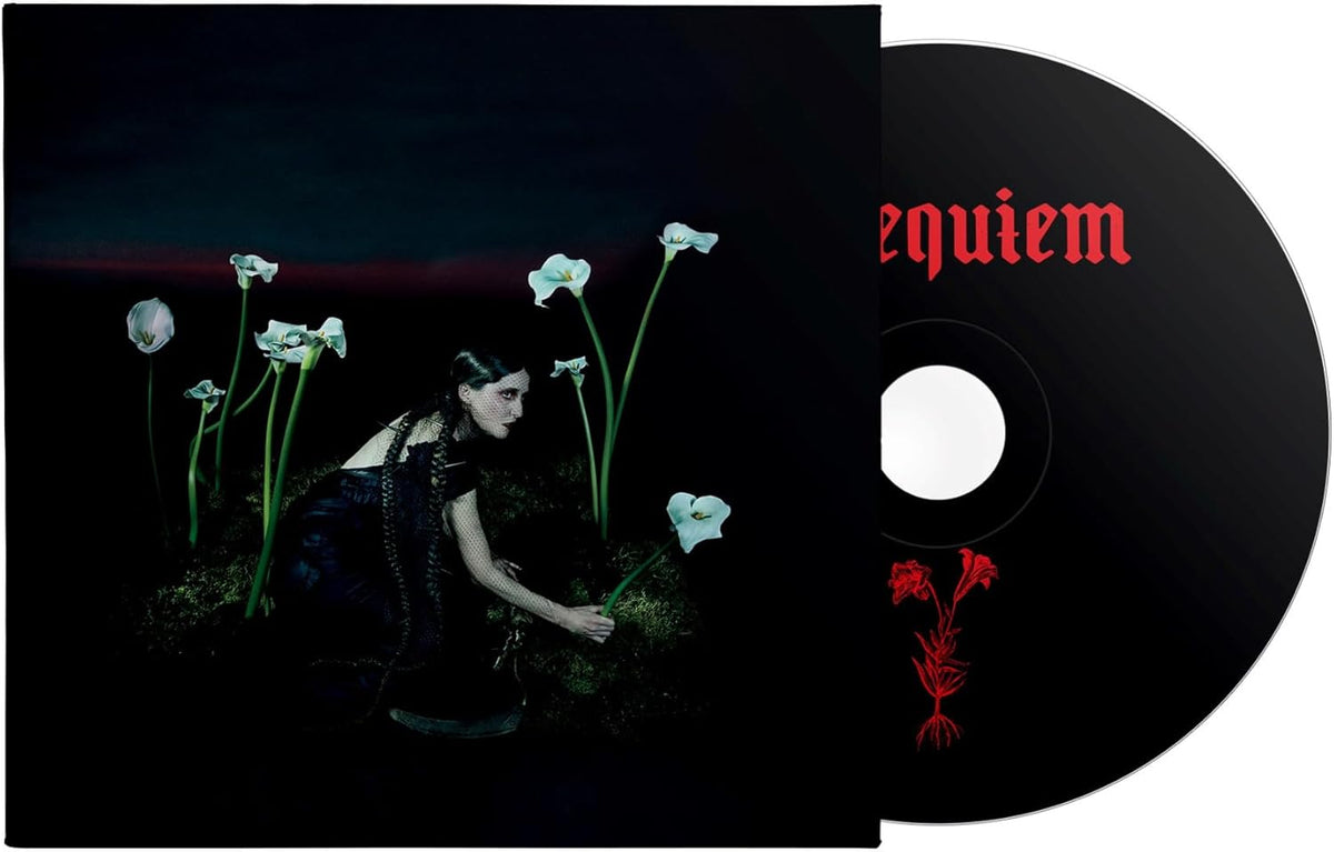CD cover: woman among white calla lilies, dark background, red accents.