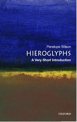 Book cover: "Hieroglyphs: A Very Short Introduction" with blue and gold tones.