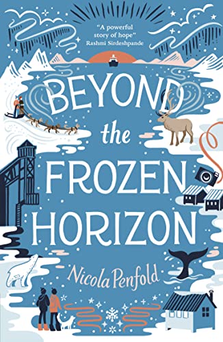 Book cover with blue arctic landscape, reindeer, polar bear, dog sled, and snowy cabins.