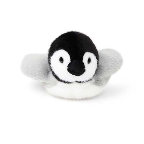 Small, fluffy black and white penguin plush toy with outstretched wings.