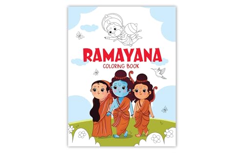 Ramayana coloring book cover with illustrated characters Rama, Sita, and Lakshmana.