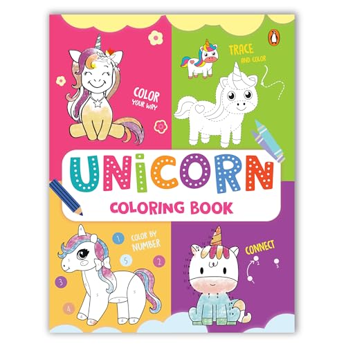 Colorful unicorn coloring book cover with activities for young children.