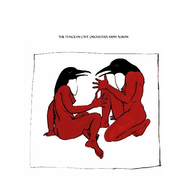 Red illustration of two penguin-like figures facing each other.