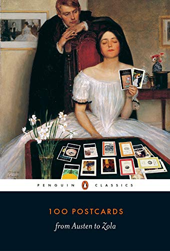 Book cover featuring a painting of a couple with postcards displayed.