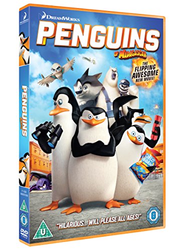 DVD cover for "Penguins of Madagascar" featuring four penguins and a bird.
