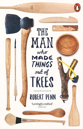 "Book cover with title 'The Man Who Made Things Out of Trees' surrounded by wooden objects."