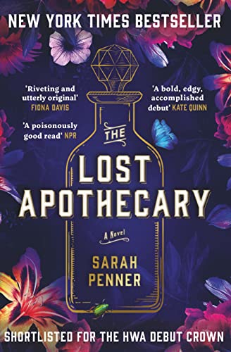 Book cover for The Lost Apothecary featuring a glass bottle against dark floral background.