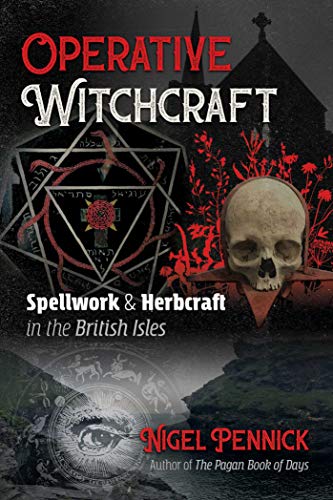 Book cover: "Operative Witchcraft" with skull, pentagram, and gothic architecture.