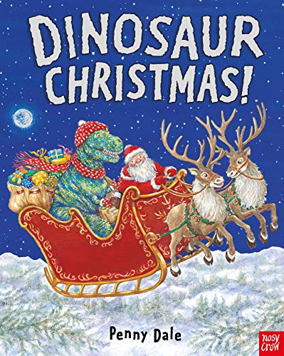 Santa and a dinosaur ride a sleigh pulled by reindeer.