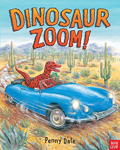 Red dinosaur driving a blue car through a desert landscape.