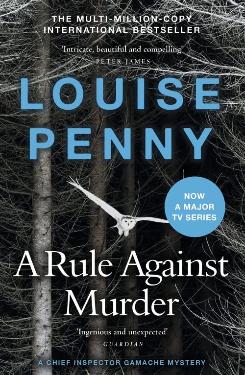 Book cover for A Rule Against Murder featuring a snowy owl in a forest.