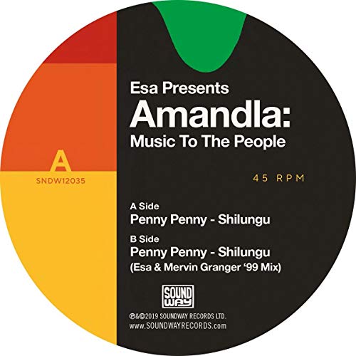 Black vinyl record label with colorful blocks and white text: "Amandla: Music To The People".