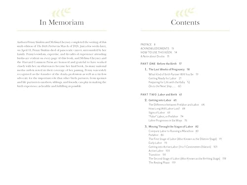 Book contents page with headings and text about childbirth support.