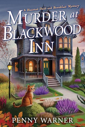 Book cover featuring a Victorian house, a ginger cat, and purple flowers in front.