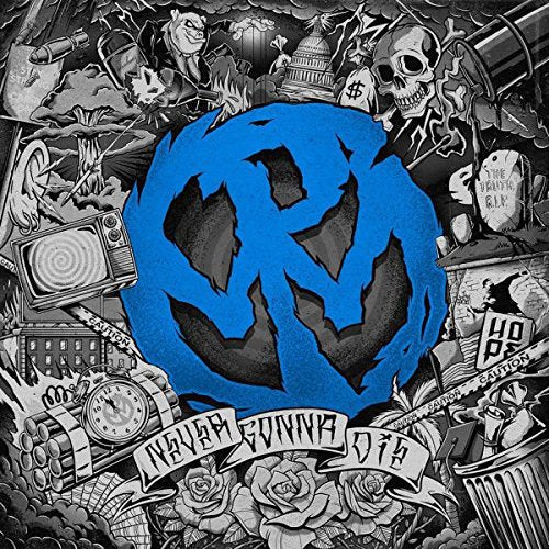 "Album cover with blue 'Pennywise' logo surrounded by black and white chaotic illustrations."