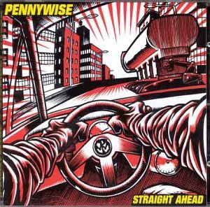 Pennywise “Straight Ahead” CD cover: hands on steering wheel, city skyline.