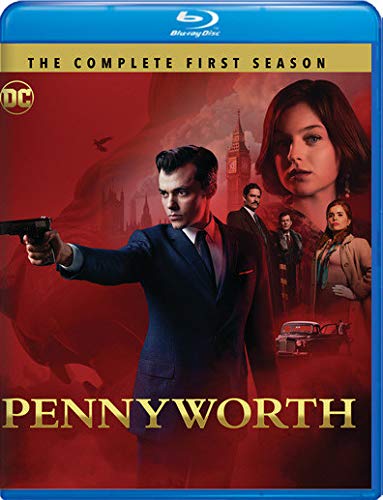 Pennyworth" Blu-ray cover featuring characters and London landmarks in a dramatic scene.