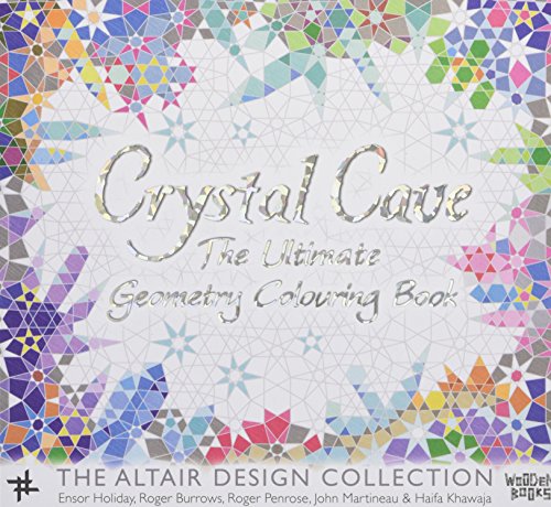 Colourful geometric patterns and crystal-like shapes fill pages of a adult colouring book.
