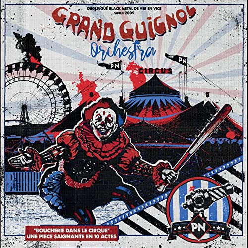 Album cover: a menacing clown with a bat in front of a circus.