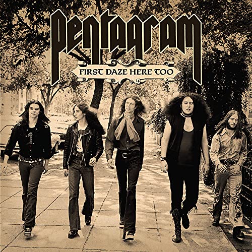 Pentagram album cover: band photo on a city street, sepia tone.
