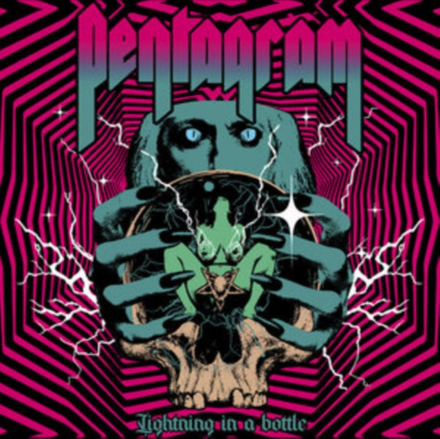 Pentagram album cover: skull, hands, and lightning against a psychedelic pink background.