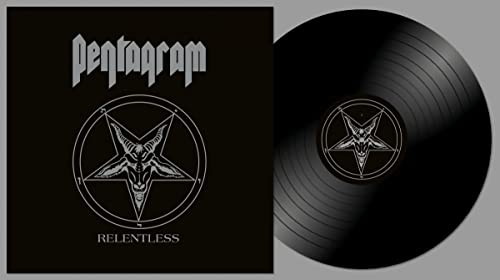 Pentagram Relentless vinyl record cover and disc featuring a goat pentagram design.