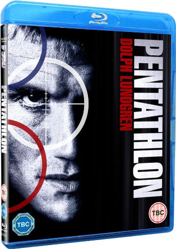 Blu-ray cover for Pentathlon featuring a close-up of Dolph Lundgren with a target overlay.