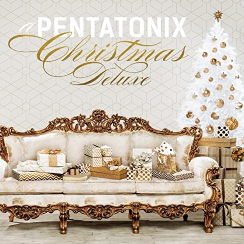“Pentatonix Christmas Deluxe” album cover with a decorated couch and tree.