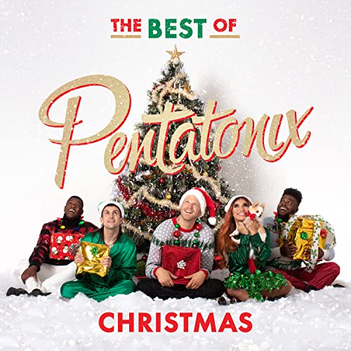 Pentatonix members sit in snow before a Christmas tree holding gifts against white background.